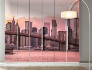 Γέφυρα του Μπρούκλιν σε ροζ ουρανό, Πόλεις – Ταξίδια, Αυτοκόλλητα ντουλάπας, 100 x 100 εκ.