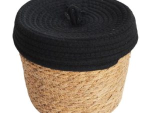 Καλάθι Ψάθινο Στρογγυλό Με Βαμβακερό Μαύρο Καπάκι 22cm